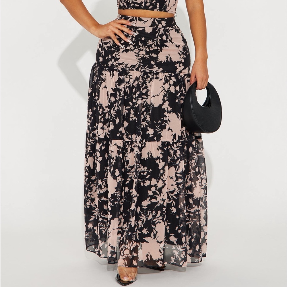 Floral Black and Pink Maxi Skirt Set